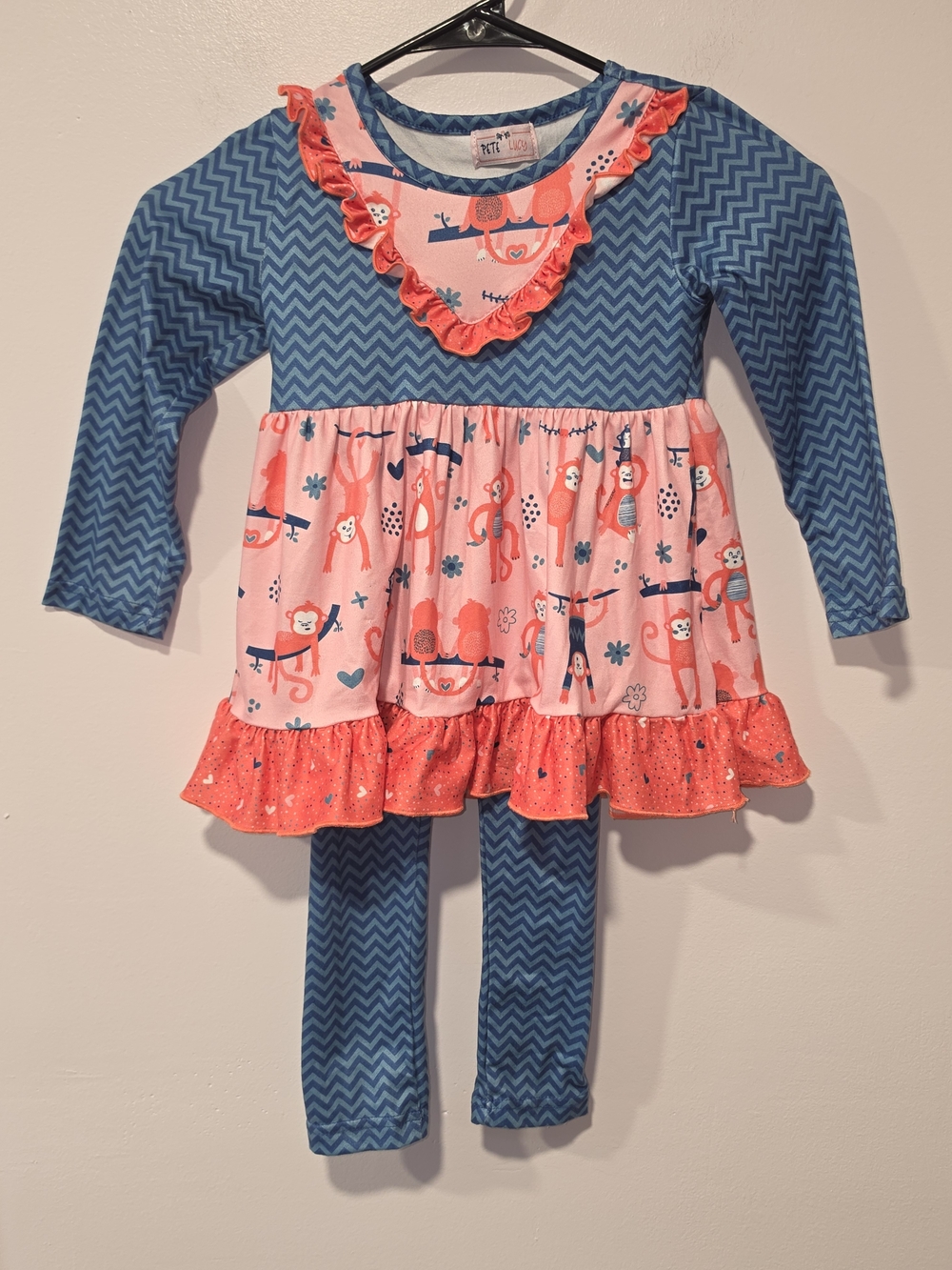 PETE + LUCY Girls' Boutique Two-Piece Blue & Coral Monkey Matching Set Size 3T